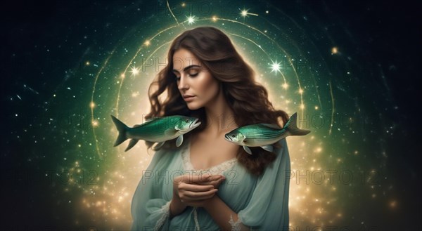 Young woman Pisces according to the zodiac sign with brown hair and blue eyes with a fish in her hands against the background of the starry sky. interpretation of the zodiac sign in human form.AI generated