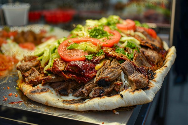 An appetising doner kebab with fresh salad, tomatoes and juicy meat on flatbread, KI generated, AI generated