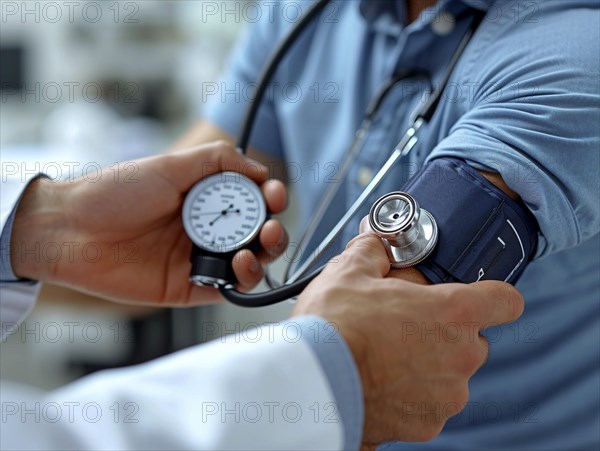 A man checks his blood pressure with a measuring device. Avoidance of bulk hypertension, scarcity, precaution, AI generated