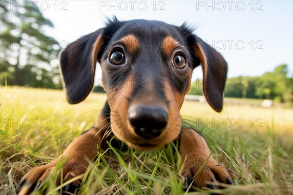 Young dachshund puppy lying in a sunlit field, surrounded by nature, AI generated