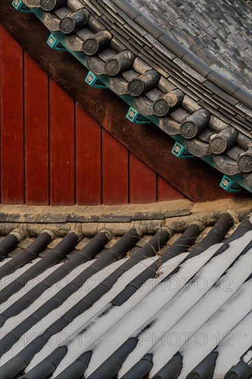 Fresh snow on tiled roof building at Buddhist temple in South Korea