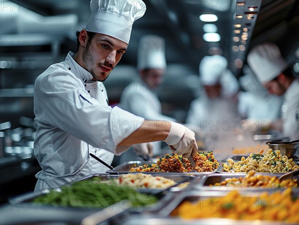 Chefs in a commercial kitchen at work, AI generated