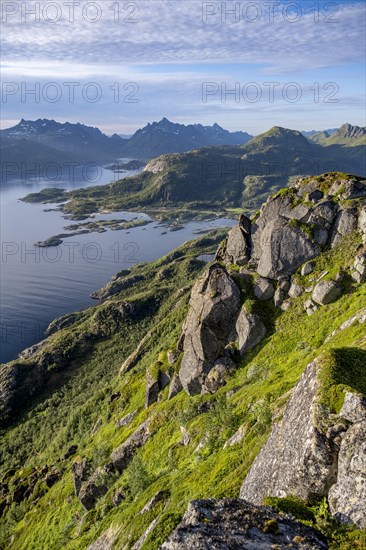 Fjord Raftsund and mountains, view from the top of Dronningsvarden or Stortinden, Vesteralen, Norway, Europe