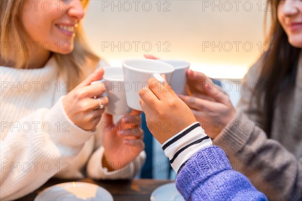 Close-up of friends toasting with coffee in a cafeteria