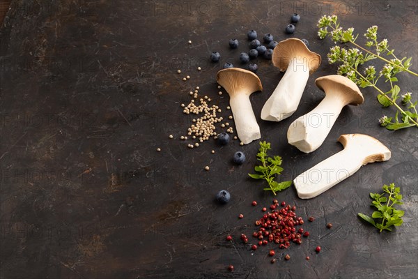 King Oyster mushrooms or Eringi (Pleurotus eryngii) on black concrete background with blueberry, herbs and spices. Side view, copy space