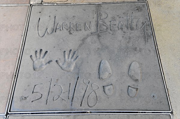 Handprints and footprints of WARREN BEATTY, Hollywood Boulevard, Los Angeles, California, USA, North America