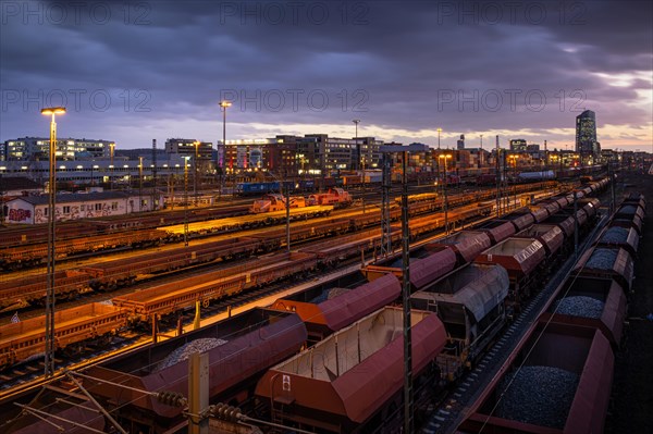 Numerous wagons are parked at the Frankfurt East freight station, near the European Central Bank (ECB) . The German Train Drivers' Union (GDL) is striking across the board in passenger transport from Wednesday, 24 January to Monday, 29 January 2024. The work stoppage at DB Cargo already began on 23 January 2024. The strike will have a massive impact on all German railway operations, Ostbahnhof, Frankfurt am Main, Hesse, Germany, Europe