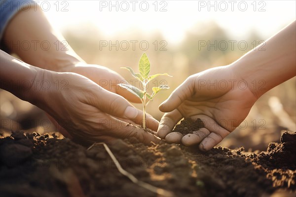 Hands planting a plant seedling. KI generiert, AI generated