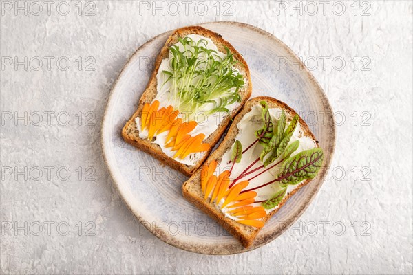 White bread sandwiches with cream cheese, calendula petals and microgreen on gray concrete background. top view, flat lay, close up