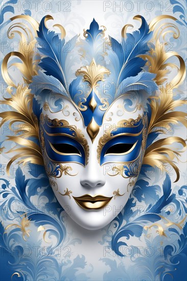 Symmetrical and ornate blue and gold masquerade mask on a baroque-inspired background, ai generated, AI generated