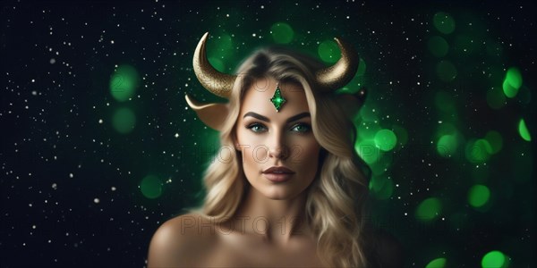 Young Taurus woman with blond hair and green eyes against the background of the starry sky.interpretation of the zodiac sign in human form.AI generated