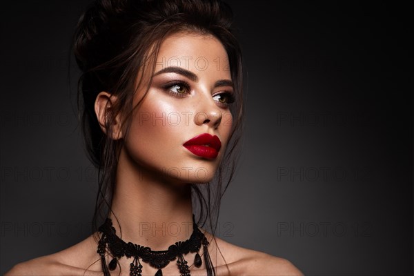 Gorgeous Young Brunette Woman face portrait. Beauty Model Girl with bright eyebrows, perfect make-up, red lips, touching her face. Sexy lady makeup for party