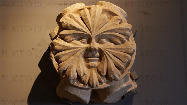 Detailed stone sculpture of a human face, Museum, Chlemoutsi, High Medieval Crusader castle, Kyllini peninsula, Peloponnese, Greece, Europe