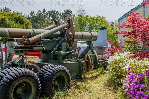 Side view of eight inch antitank gun on display at Unification Observation Tower in Goseong, South Korea, Asia