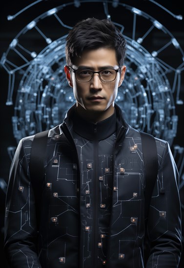 Portrait of a serious-looking man in an AI-supported suit against a futuristic, digital background, bionics, cyborgisation, fusion with technology, transhumanism, AI generated, AI generated