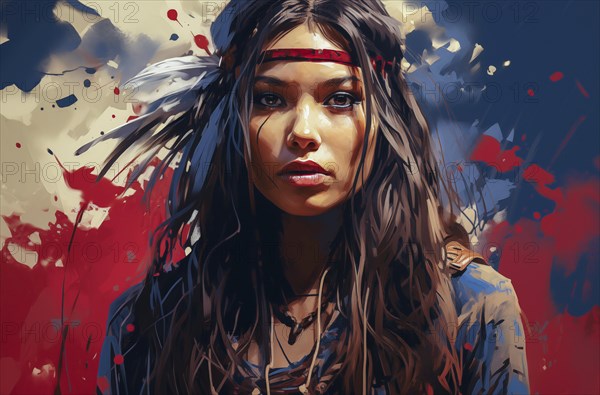 Illustration of an Indian-style woman with a red headband and intense gaze, surrounded by dynamic splashes of colour, AI generated, AI generated