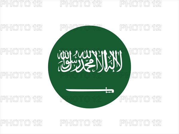 Circular design inspired by the flag of Saudi Arabia with green color, white Arabic inscription, and a sword
