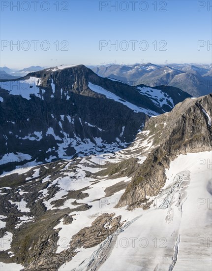 Mountain panorama, glacier remains of Skalabreen, view from the summit of Skala, Loen, Norway, Europe