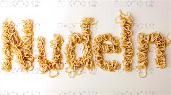 Asian Mie noodles lie in the word noodles moulded on a white plate, Food, AI generated, AI generated