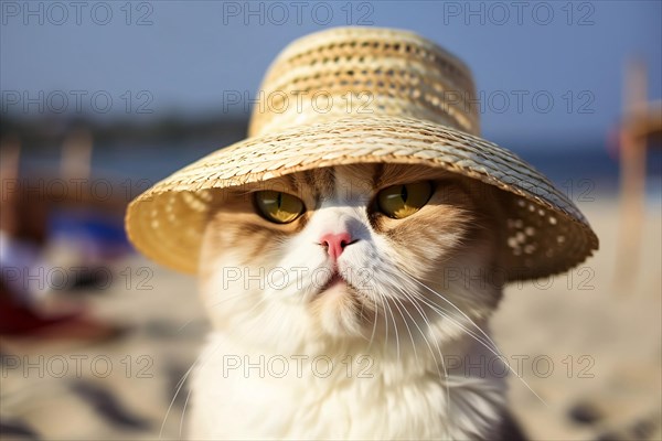 Cat, summer straw hat on beach. KI generiert, generiert AI generated