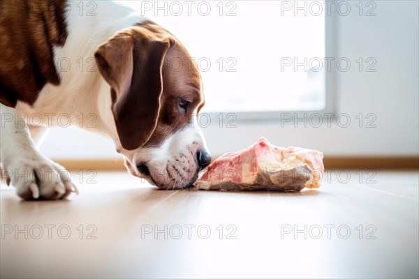 Dog with big slice of raw meat. KI generiert, generiert AI generated