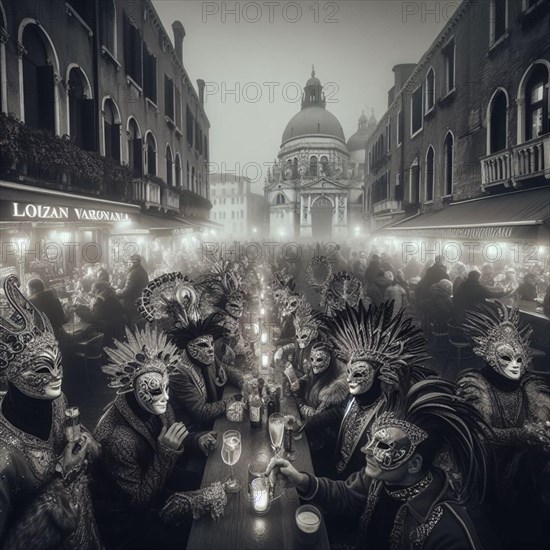 Black and white image of a crowded carnival scene in Venice with people wearing traditional masks ans costumes, street light in the evening, having aperitif, ai generated, AI generated