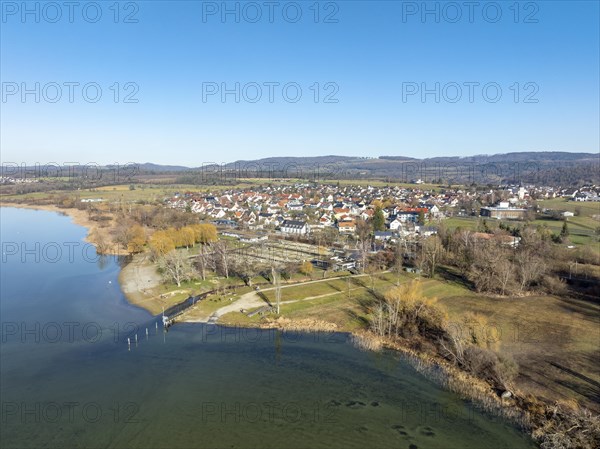 Aerial view of the village of Markelfingen near Radolfzell on Lake Constance, district of Constance, Baden-Wuerttemberg, Germany, Europe