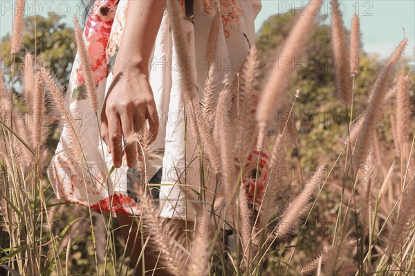 A person in a flowered dress touches tall grass in a sunlit field