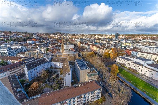 Wide-angle shot of a city, with a view of the riverbanks and buildings, Pforzheim, Germany, Europe