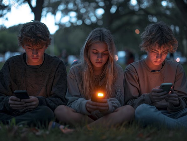 Several young people look bored at their cell phones, neglect social contacts, sport, reading, AI generated