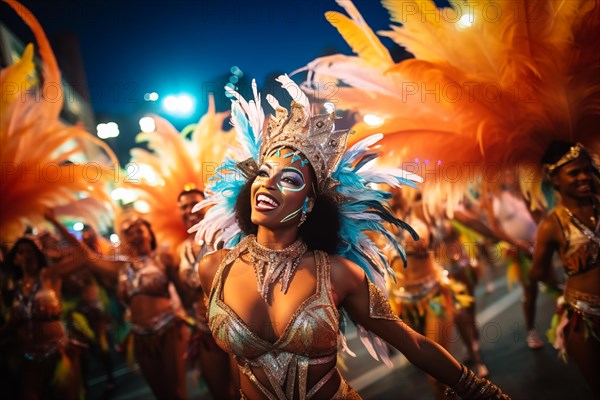 Captivating image capturing the essence of the Rio Carnival, showcasing a dancer adorned in an elaborate, vibrant costume, embodying the spirit and energy of this iconic festival, AI generated