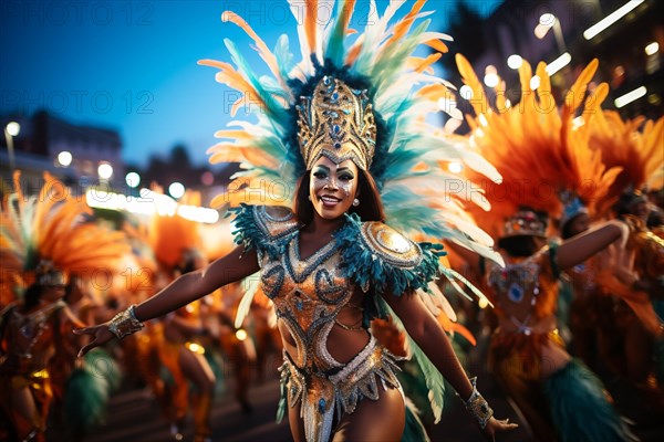 Captivating image capturing the essence of the Rio Carnival, showcasing a dancer adorned in an elaborate, vibrant costume, embodying the spirit and energy of this iconic festival, AI generated