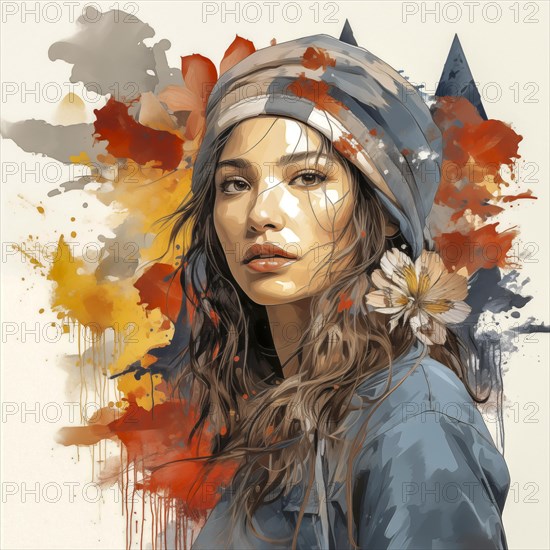 Portrait of an indigenous young woman with abstract colourful elements in the background, AI generated, AI generated