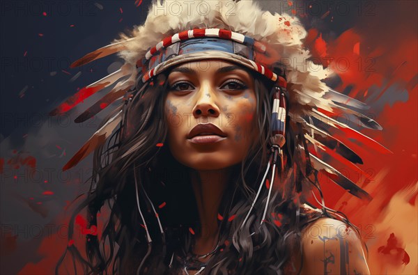 Digital artwork of a woman in a Native American feather headdress with an intense gaze and red background, AI generated, AI generated