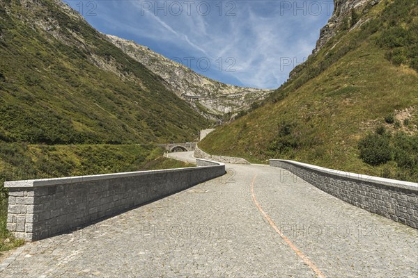 Gotthard Pass, old pass road Tremola with cobblestones, Airolo, Canton Ticino, Switzerland, Europe