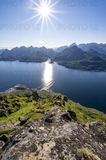 View of Ulvagsundet fjord and mountains, view from the summit of Dronningsvarden or Stortinden, Sonnenstern, Vesteralen, Norway, Europe