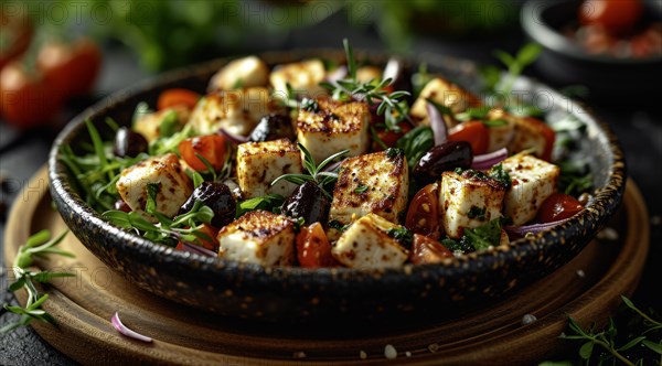 Mediterranean-inspired salad with grilled cheese, cherry tomatoes, olives, and herbs, AI generated