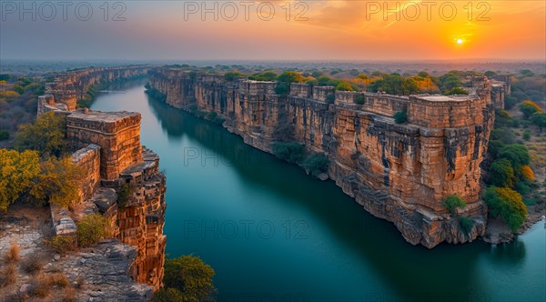 Sunset over Gandikota fort on the banks of the Penner river river with cliffs in Kadapa district, Andhra Pradesh, India during golden hour, AI generated