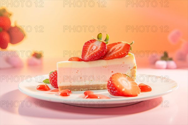 Slice of strawberry cheesecake on plate. KI generiert, generiert AI generated