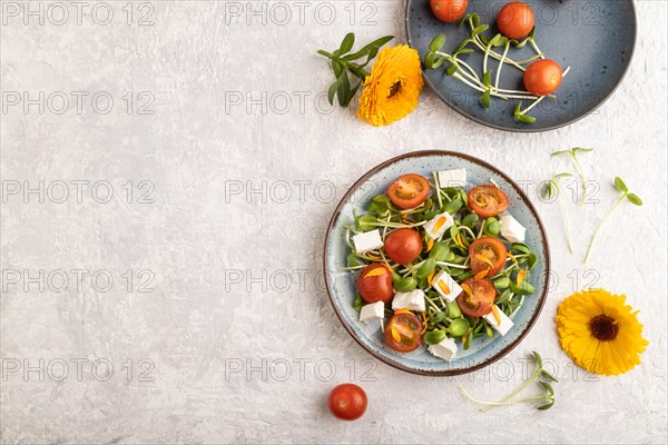 Vegetarian vegetables salad of tomatoes, marigold petals, microgreen sprouts, feta cheese on gray concrete background. Top view, flat lay, copy space