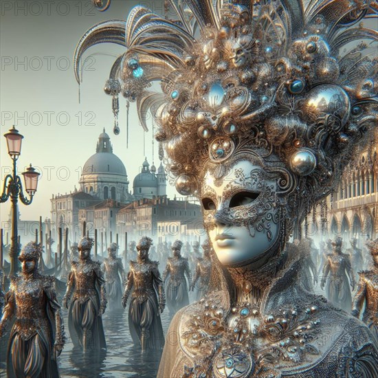 Majestic carnival masks as statues in Venice at sunrise with reflections on water on grand canal, ai generated, AI generated