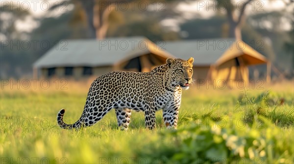 Leopard (Panthera pardus) in natural environment with tent camp for tourists in the background, AI generated