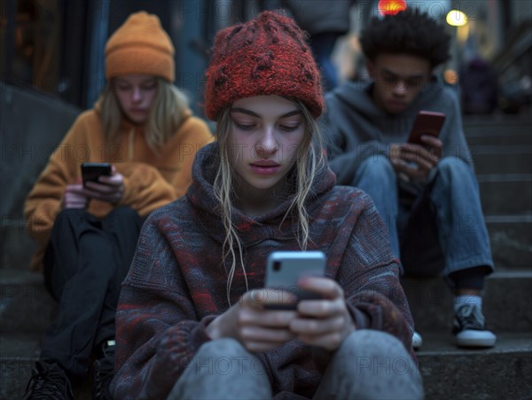 Several young people look bored at their cell phones, neglect social contacts, sport, reading, AI generated