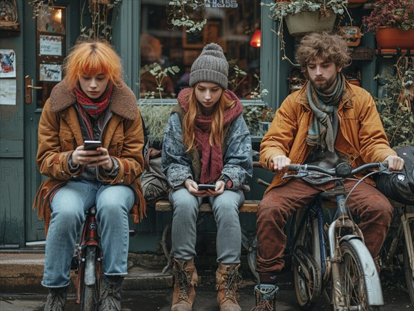 Several young people look bored at their cell phones, neglect social contacts, sport, reading, AI generated