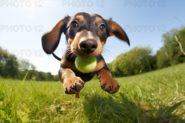 Dachshund puppy with big, expressive eyes playing with ball in green, grassy outdoor environment on a sunny day, AI generated