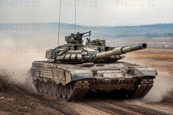 A tank in camouflage colours drives quickly through a dusty landscape, AI generated, AI generated