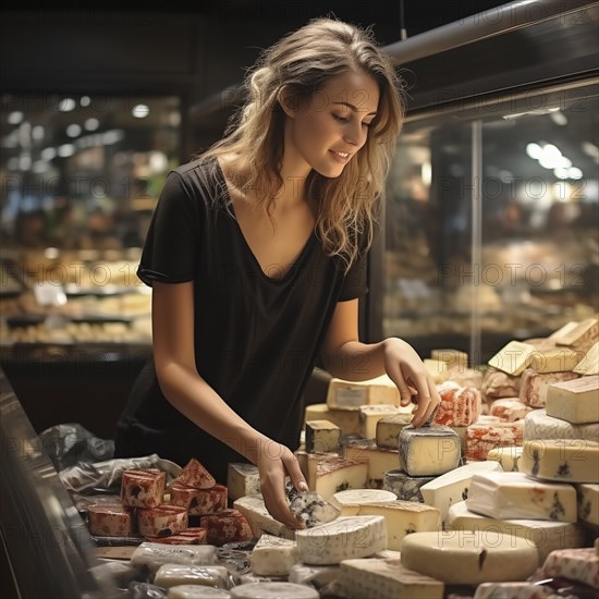 Young woman shopping in supermarket, at the cheese counter, meat counter, fruit stand, bakery, fish counter and shoe store, AI generated