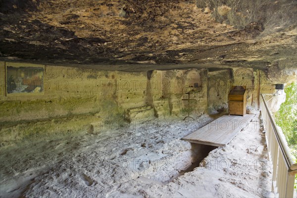 Interior view of a cave with frescoes and wooden structures, church, Aladja Monastery, Aladja Monastery, Aladzha Monastery, medieval rock monastery, cave monastery in limestone rock, Varna, Black Sea coast, Bulgaria, Europe