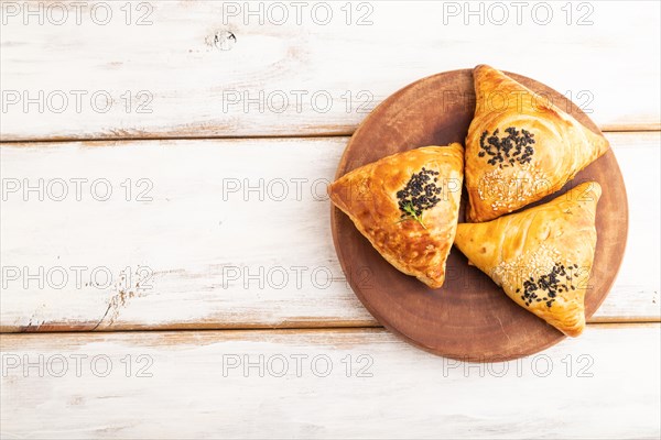 Homemade asian pastry samosa on white wooden background. top view, flat lay, copy space