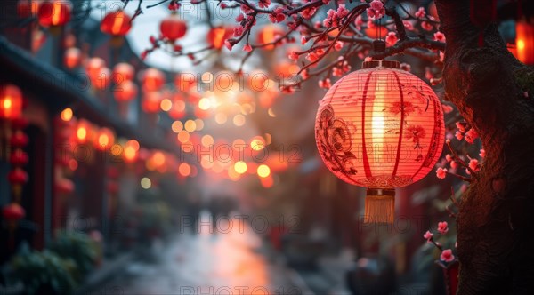 A softly lit red traditional Chinese lantern at dusk with light bokeh background, AI genera, AI generated